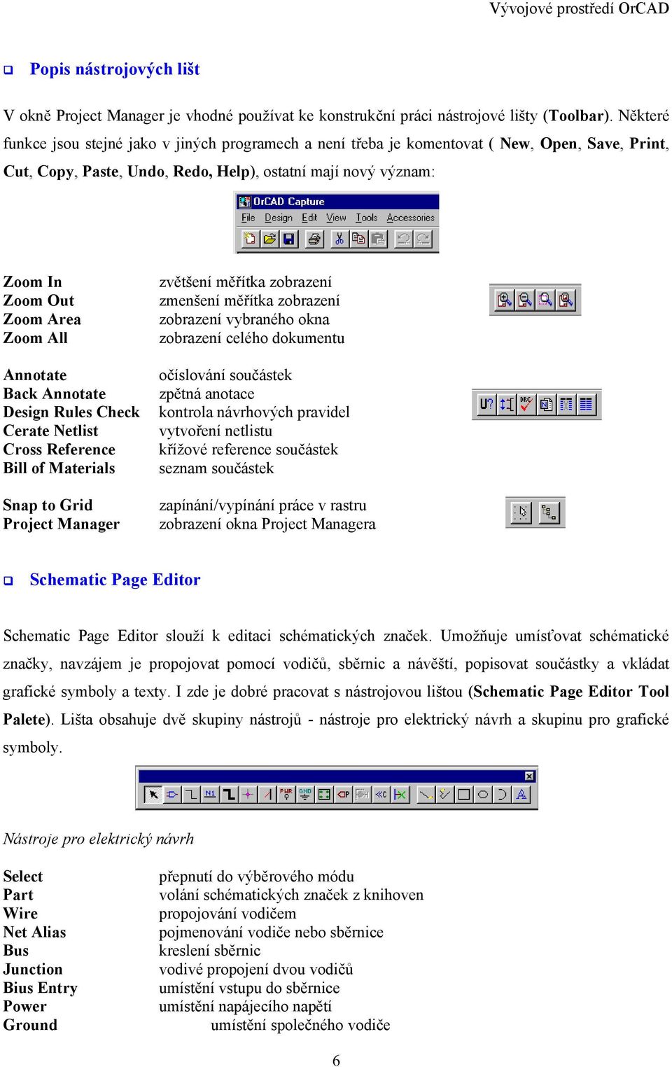 All Annotate Back Annotate Design Rules Check Cerate Netlist Cross Reference Bill of Materials Snap to Grid Project Manager zvětšení měřítka zobrazení zmenšení měřítka zobrazení zobrazení vybraného