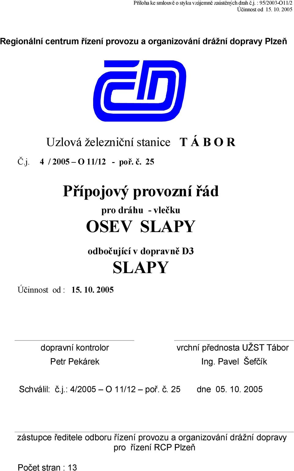 : 95/2003-O11/2 Regionální centrum řízení provozu a organizování drážní dopravy Plzeň Uzlová železniční stanice T Á B O R Č.j.