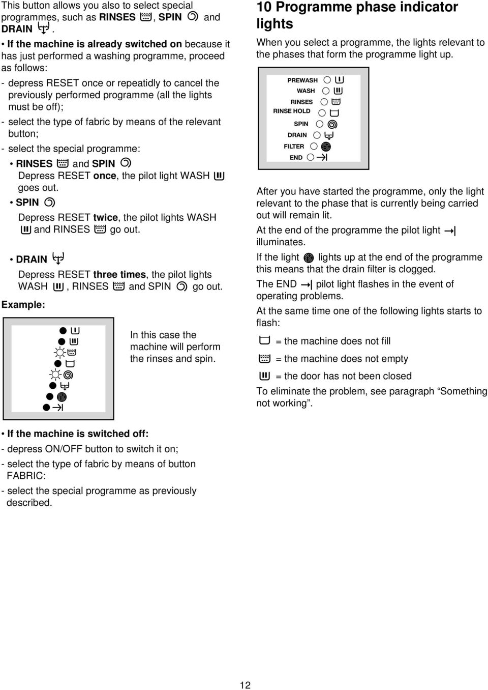 lights must be off); - select the type of fabric by means of the relevant button; - select the special programme: RINSES and SPIN Depress RESET once, the pilot light WASH goes out.
