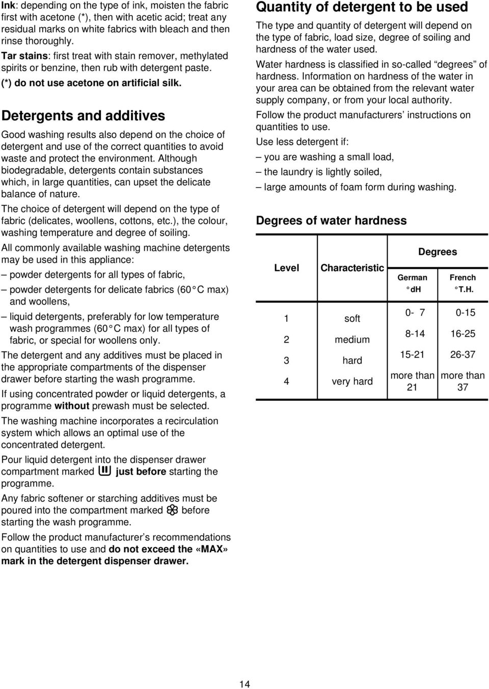 Detergents and additives Good washing results also depend on the choice of detergent and use of the correct quantities to avoid waste and protect the environment.