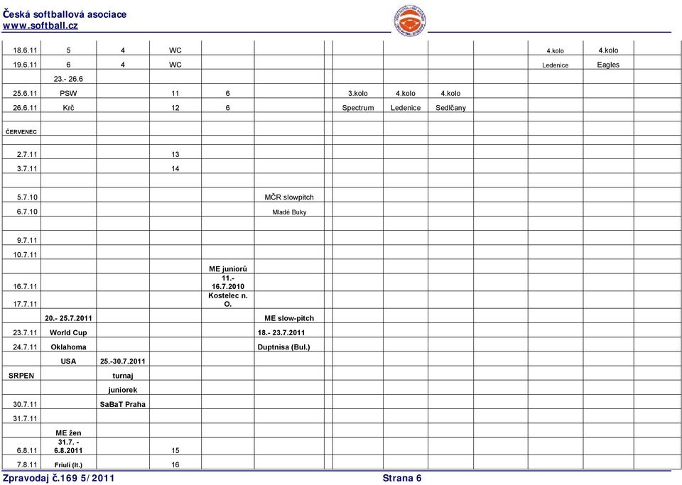 - 25.7.2011 ME slow-pitch 23.7.11 World Cup 18.- 23.7.2011 24.7.11 Oklahoma Duptnisa (Bul.) SRPEN USA 25.-30.7.2011 turnaj juniorek 30.
