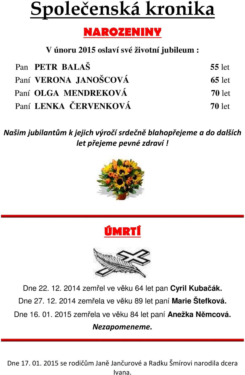 ÚMRTÍ Dne 22. 12. 2014 zemřel ve věku 64 let pan Cyril Kubačák. Dne 27. 12. 2014 zemřela ve věku 89 let paní Marie Štefková. Dne 16. 01.