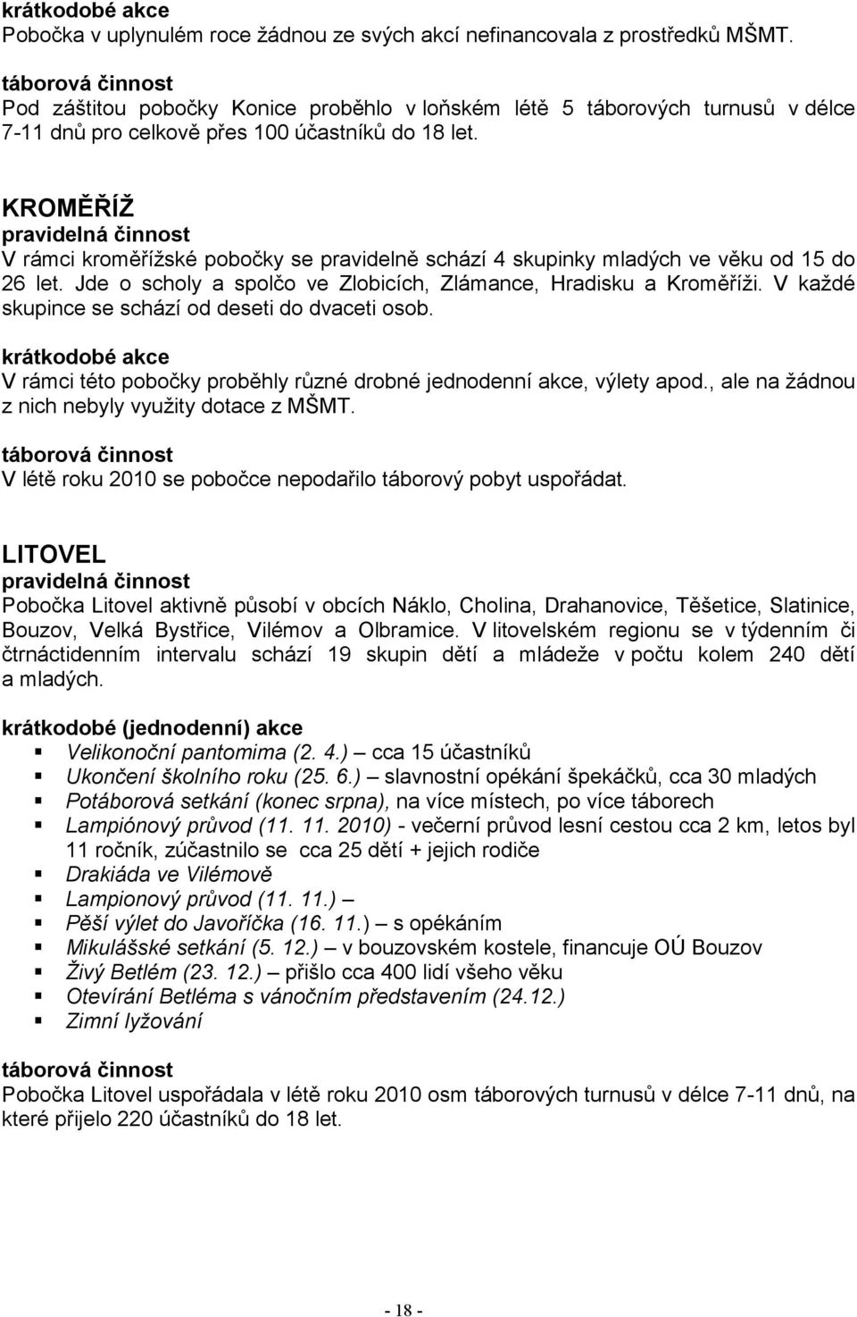 KROMĚŘÍŽ V rámci kroměřížské pobočky se pravidelně schází 4 skupinky mladých ve věku od 15 do 26 let. Jde o scholy a spolčo ve Zlobicích, Zlámance, Hradisku a Kroměříži.