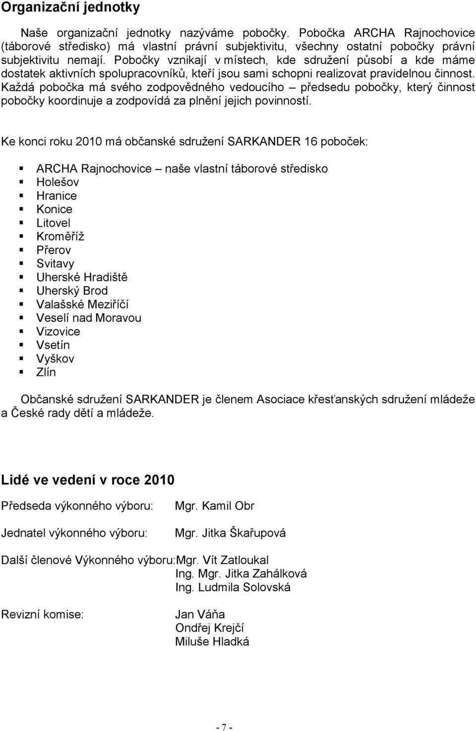 Každá pobočka má svého zodpovědného vedoucího předsedu pobočky, který činnost pobočky koordinuje a zodpovídá za plnění jejich povinností.