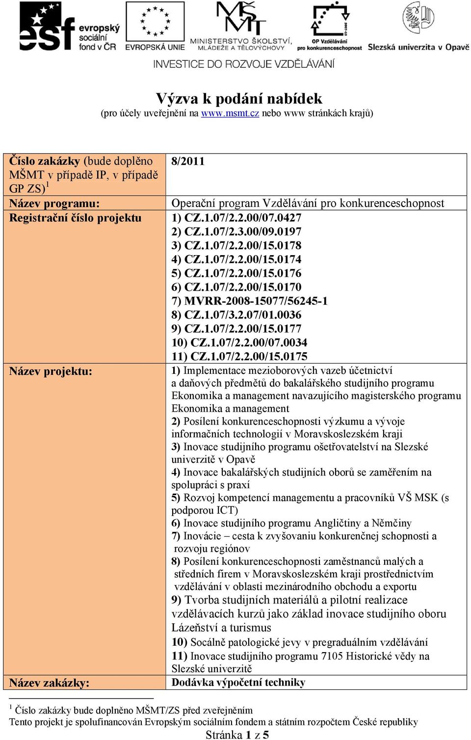 Vzdělávání pro konkurenceschopnost 1) CZ.1.07/2.2.00/07.0427 2) CZ.1.07/2.3.00/09.0197 3) CZ.1.07/2.2.00/15.0178 4) CZ.1.07/2.2.00/15.0174 5) CZ.1.07/2.2.00/15.0176 6) CZ.1.07/2.2.00/15.0170 7) MVRR-2008-15077/56245-1 8) CZ.