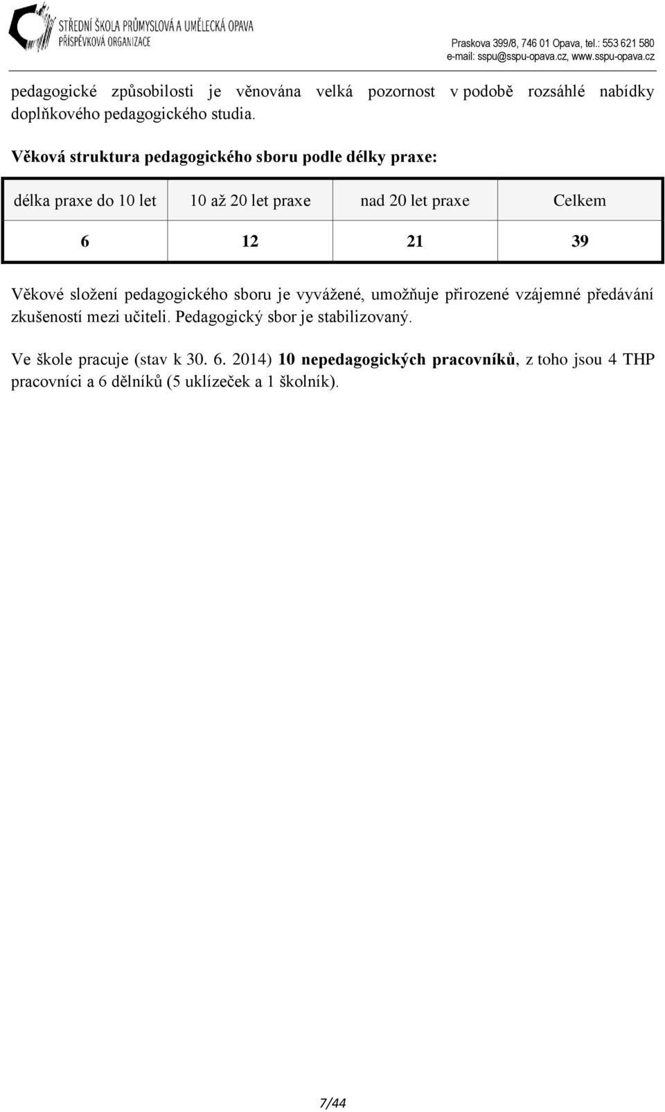 Věkové složení pedagogického sboru je vyvážené, umožňuje přirozené vzájemné předávání zkušeností mezi učiteli.