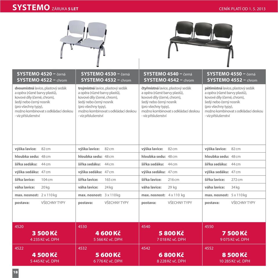 2013 SYSTEMO 4520 černá SYSTEMO 4522 chrom SYSTEMO 4530 černá SYSTEMO 4532 chrom SYSTEMO 4540 černá SYSTEMO 4542 chrom SYSTEMO 4550 černá SYSTEMO 4552 chrom dvoumístná lavice, plastový sedák a opěra