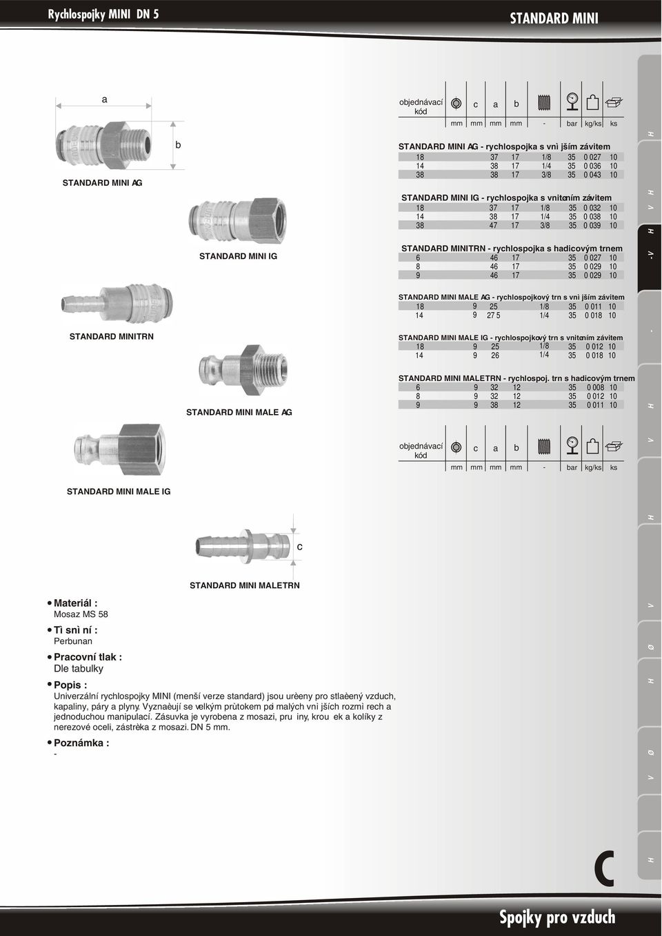 Poznámk : STANDARD MINI I STANDARD MINI MALE A STANDARD MINI MALE TRN STANDARD MINI A ryhlospojk s vnìjším závitem ESMA ESMA ESMA 7 7 7 7 /" /" /" 0,027 0,0 0,0 0 0 0 r r kg/ STANDARD MINI I