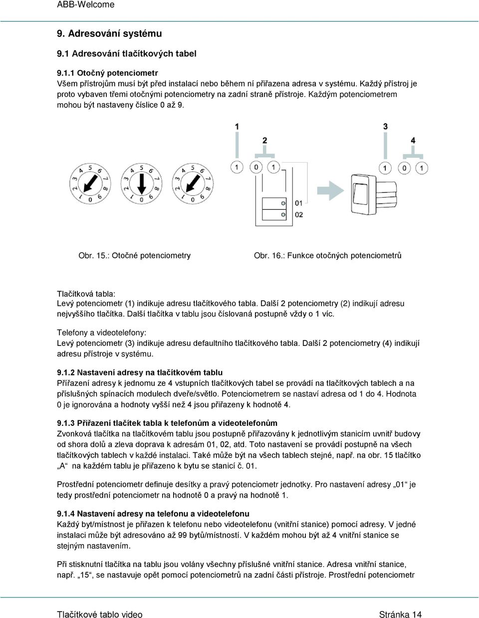 : Funkce otočných potenciometrů Tlačítková tabla: Levý potenciometr (1) indikuje adresu tlačítkového tabla. Další 2 potenciometry (2) indikují adresu nejvyššího tlačítka.