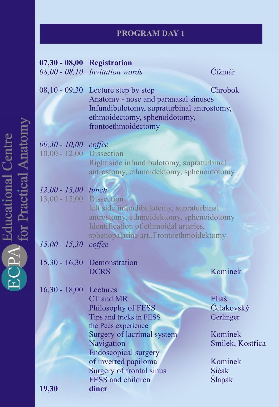 13,00-15,00 Dissection left side infundibulotomy, supraturbinal antrostomy, ethmoidektomy, sphenoidotomy Identification of ethmoidal arteries, sphenopalatine art.