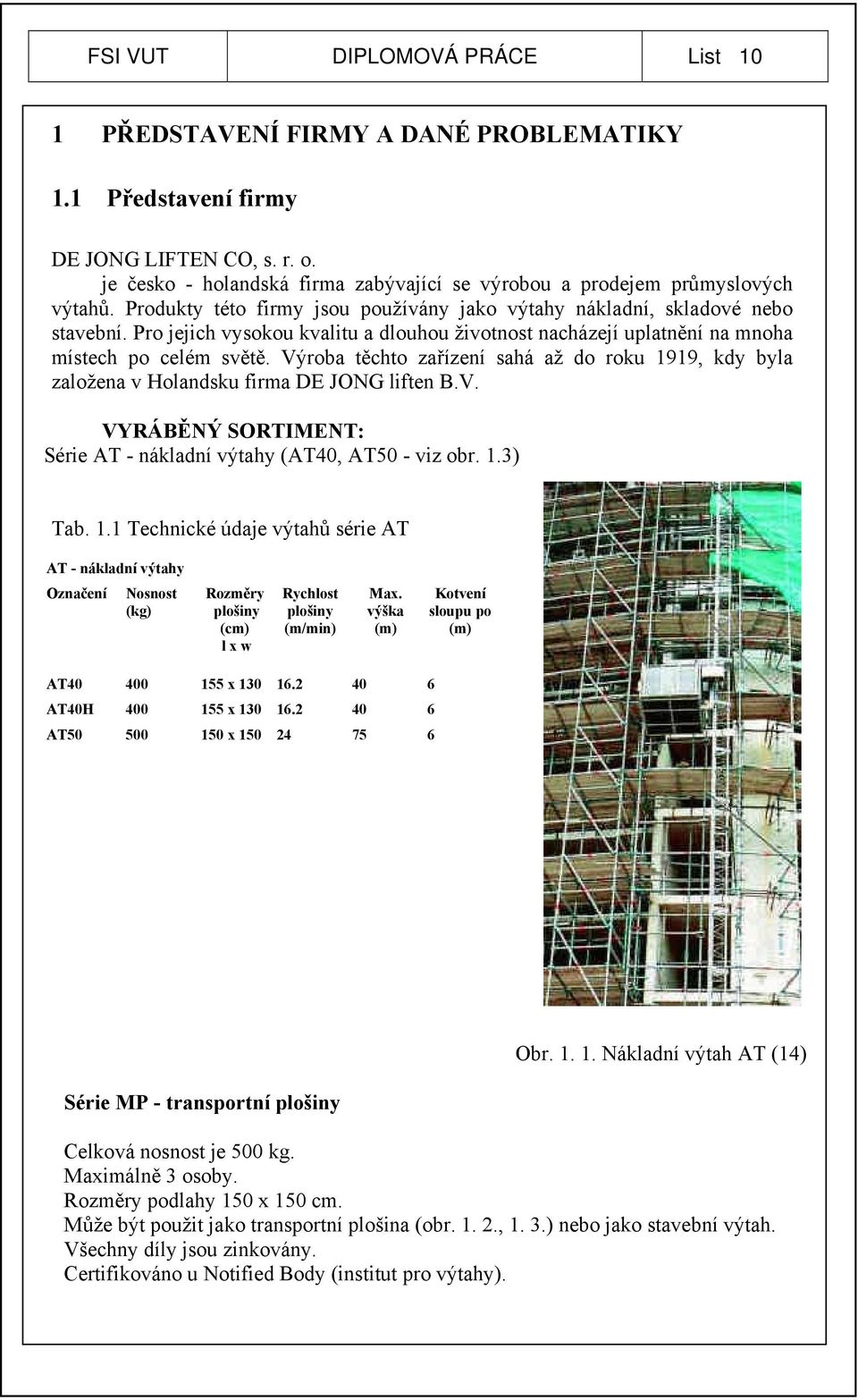 Pro jejich vysokou kvalitu a dlouhou životnost nacházejí uplatnění na mnoha místech po celém světě. Výroba těchto zařízení sahá až do roku 1919, kdy byla založena v Holandsku firma DE JONG liften B.V. VYRÁBĚNÝ SORTIMENT: Série AT - nákladní výtahy (AT40, AT50 - viz obr.