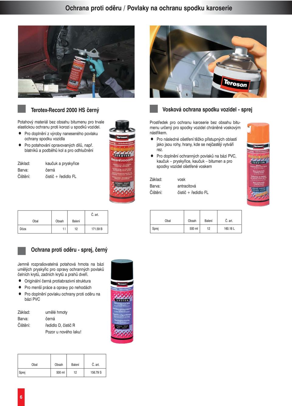 blatníků a podběhů kol a pro odhlučnění Terotex-Record 2000 HS černý kaučuk a pryskyřice černá čistič + ředidlo FL Prostředek pro ochranu karoserie bez obsahu bitumenu určený pro spodky vozidel