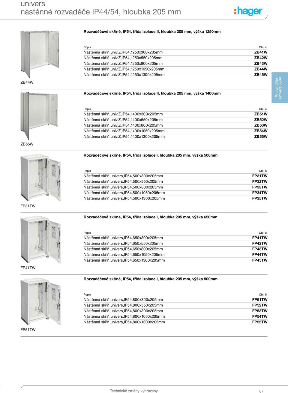 z,ip54,1250x1300x205mm ZB45W ZB44W Rozvaděčové skříně, IP54, třída izolace II, hloubka 205 mm, výška 1400mm Rozvaděče univers 630A ZB55W Nástěnná skříň,univ.