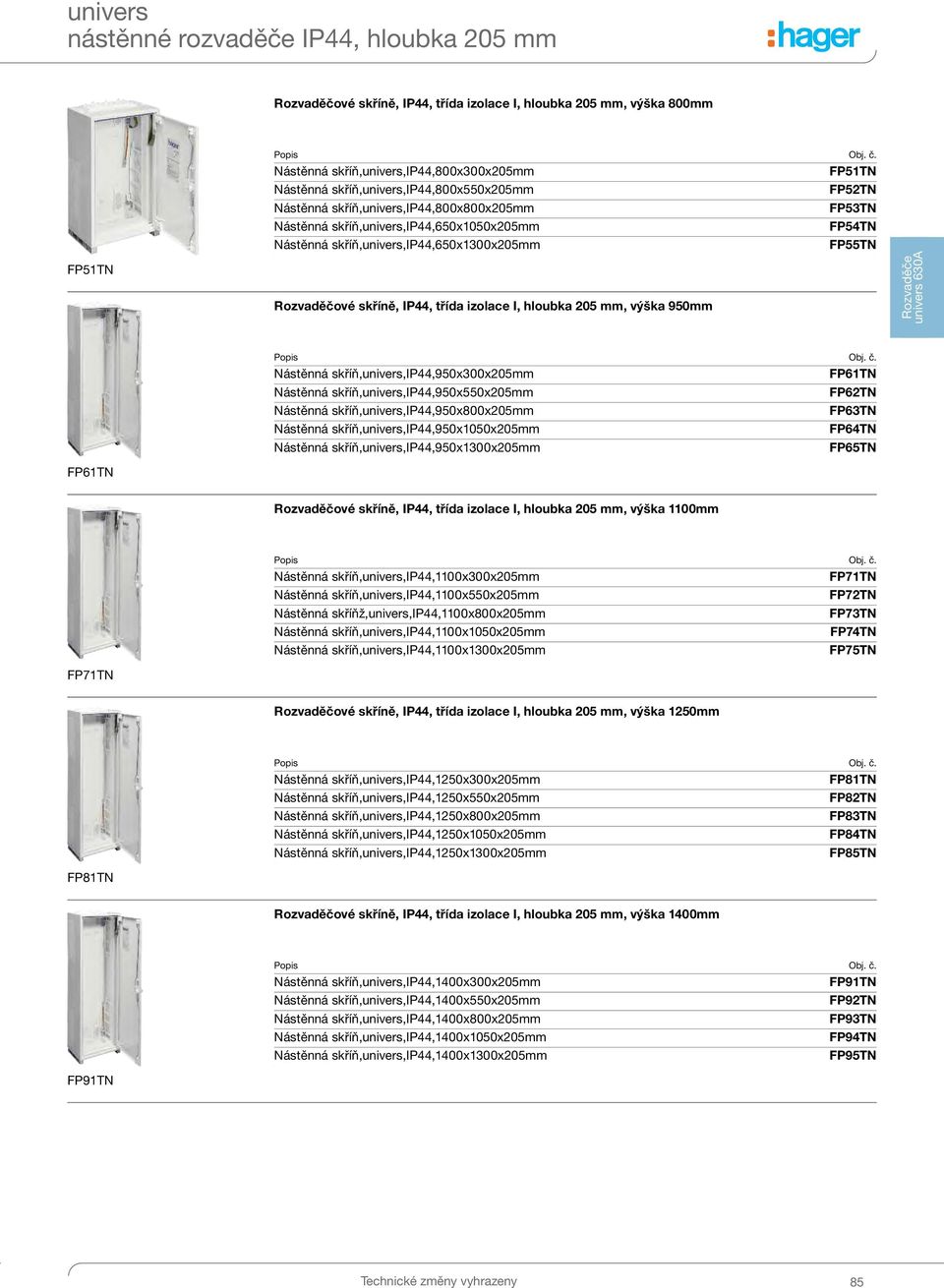 Rozvaděčové skříně, IP44, třída izolace I, hloubka 205 mm, výška 950mm Rozvaděče univers 630A FP61TN Nástěnná skříň,univers,ip44,950x300x205mm FP61TN Nástěnná skříň,univers,ip44,950x550x205mm FP62TN