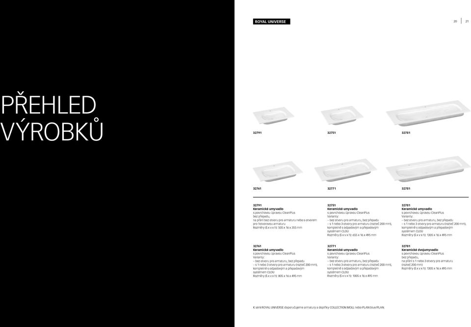 armaturu (rozteč 200 mm), kompletně s odpadovým a přepadovým systémem CLOU Rozměry (š x v x h): 655 x 16 x 495 mm 32781 Keramické umyvadlo s povrchovou úpravou CleanPlus Varianty: bez otvoru pro