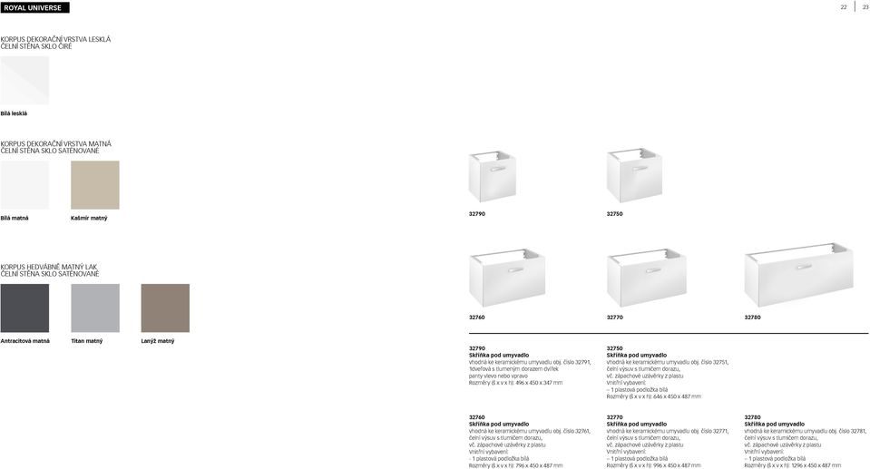 číslo 32791, 1dveřová s tlumeným dorazem dvířek panty vlevo nebo vpravo Rozměry (š x v x h): 496 x 450 x 347 mm 32750 Skříňka pod umyvadlo vhodná ke keramickému umyvadlu obj.
