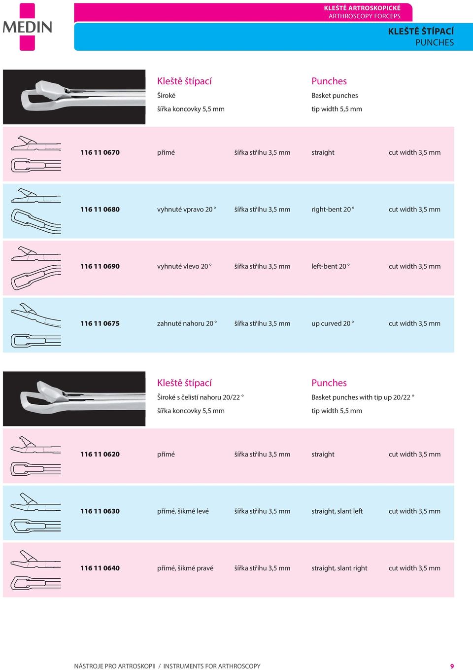 20 šířka střihu 3,5 mm up curved 20 cut width 3,5 mm Kleště štípací Punches Široké s čelistí nahoru 20/22 Basket punches with tip up 20/22 šířka koncovky 5,5 mm tip width 5,5 mm 116 11 0620 přímé