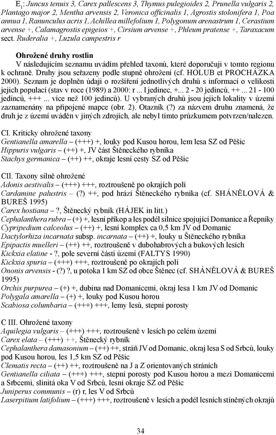 Ruderalia +, Luzula campestris r Ohrožené druhy rostlin V následujícím seznamu uvádím přehled taxonů, které doporučuji v tomto regionu k ochraně. Druhy jsou seřazeny podle stupně ohrožení (cf.