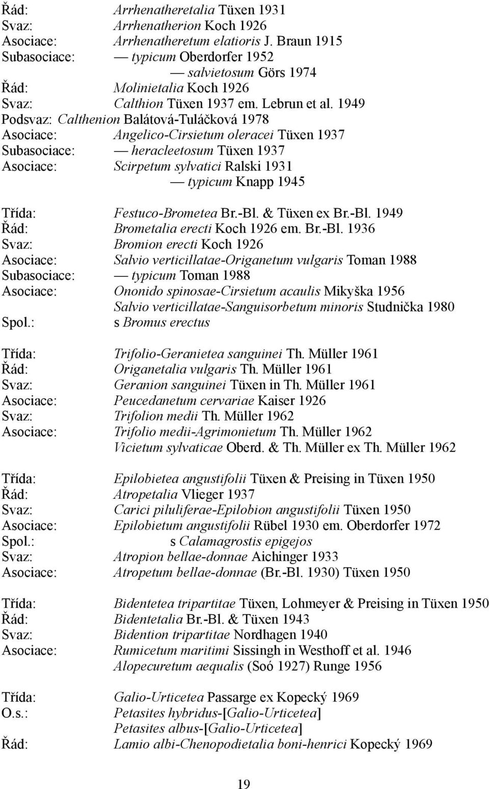 1949 Podsvaz: Calthenion Balátová-Tuláčková 1978 Asociace: Angelico-Cirsietum oleracei Tüxen 1937 Subasociace: heracleetosum Tüxen 1937 Asociace: Scirpetum sylvatici Ralski 1931 typicum Knapp 1945