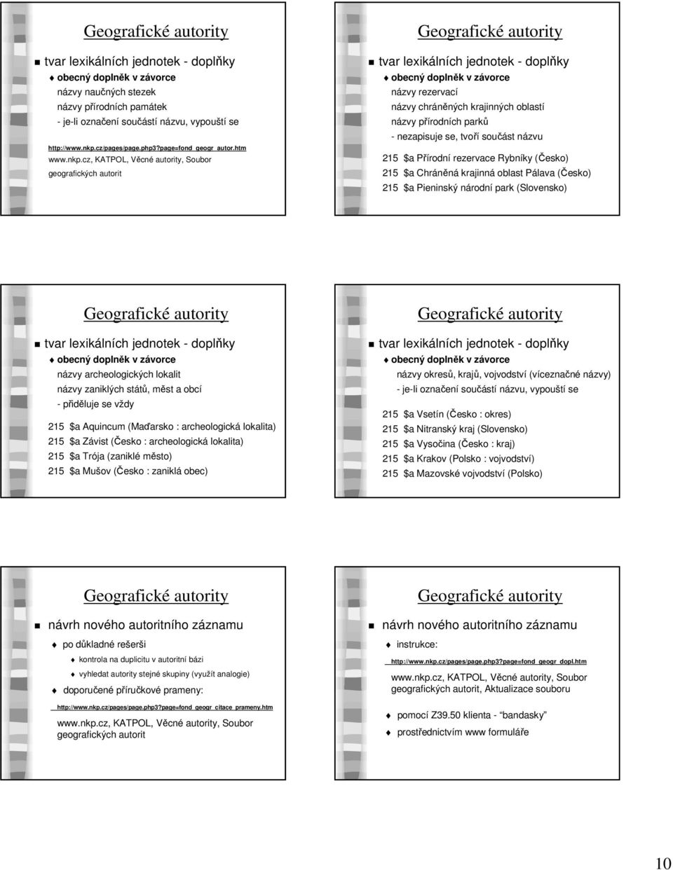 cz, KATPOL, Věcné autority, Soubor geografických autorit obecný doplněk v závorce názvy rezervací názvy chráněných krajinných oblastí názvy přírodních parků - nezapisuje se, tvoří součást názvu 215