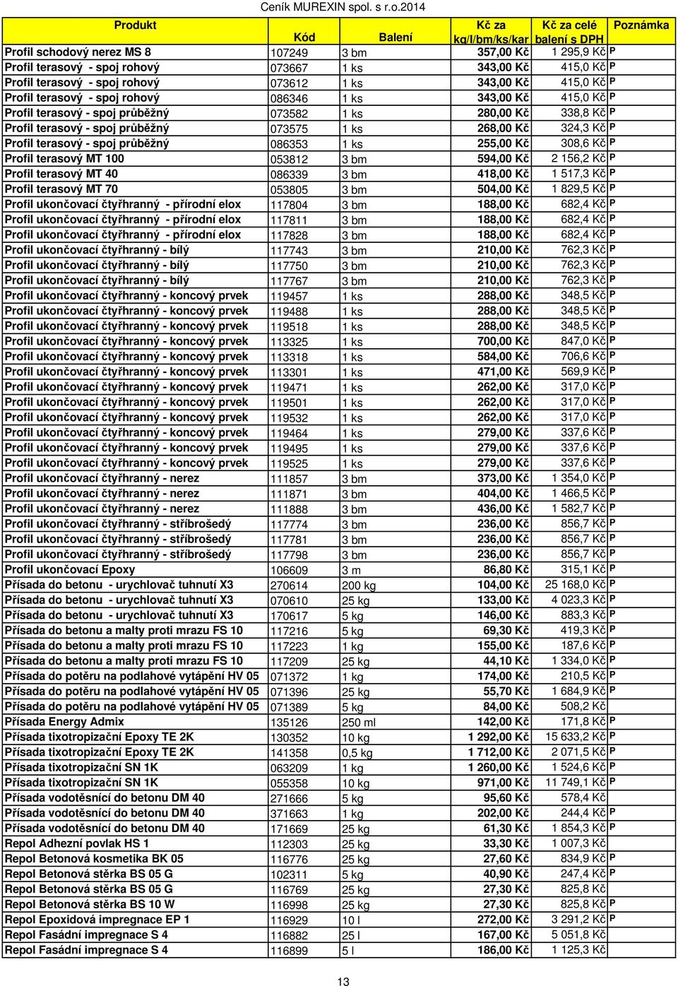 terasový - spoj průběžný 086353 1 ks 255,00 Kč 308,6 Kč P Profil terasový MT 100 053812 3 bm 594,00 Kč 2 156,2 Kč P Profil terasový MT 40 086339 3 bm 418,00 Kč 1 517,3 Kč P Profil terasový MT 70