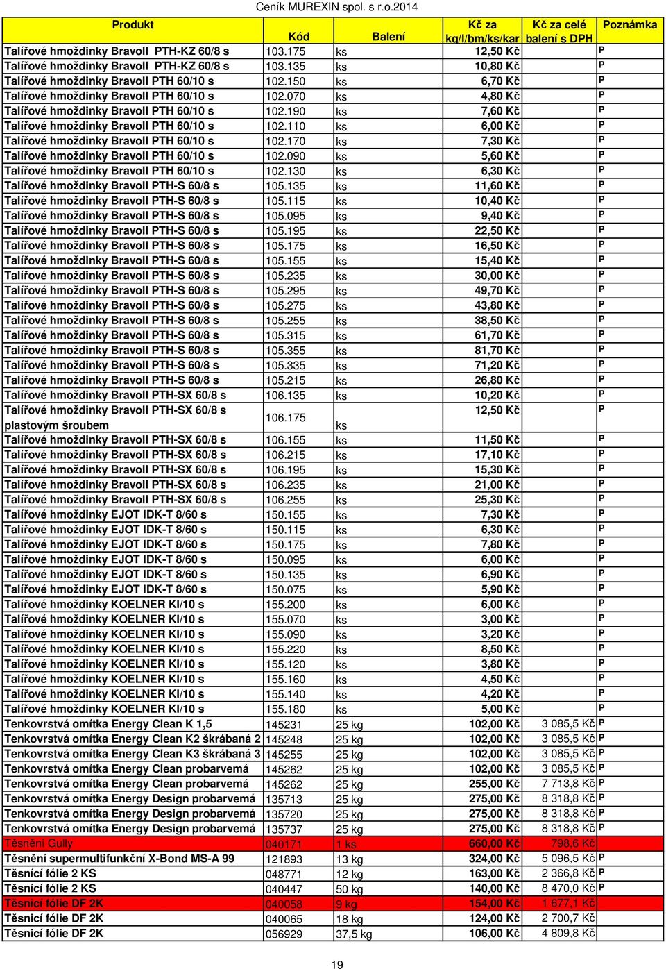 110 ks 6,00 Kč P Talířové hmoždinky Bravoll PTH 60/10 s 102.170 ks 7,30 Kč P Talířové hmoždinky Bravoll PTH 60/10 s 102.090 ks 5,60 Kč P Talířové hmoždinky Bravoll PTH 60/10 s 102.