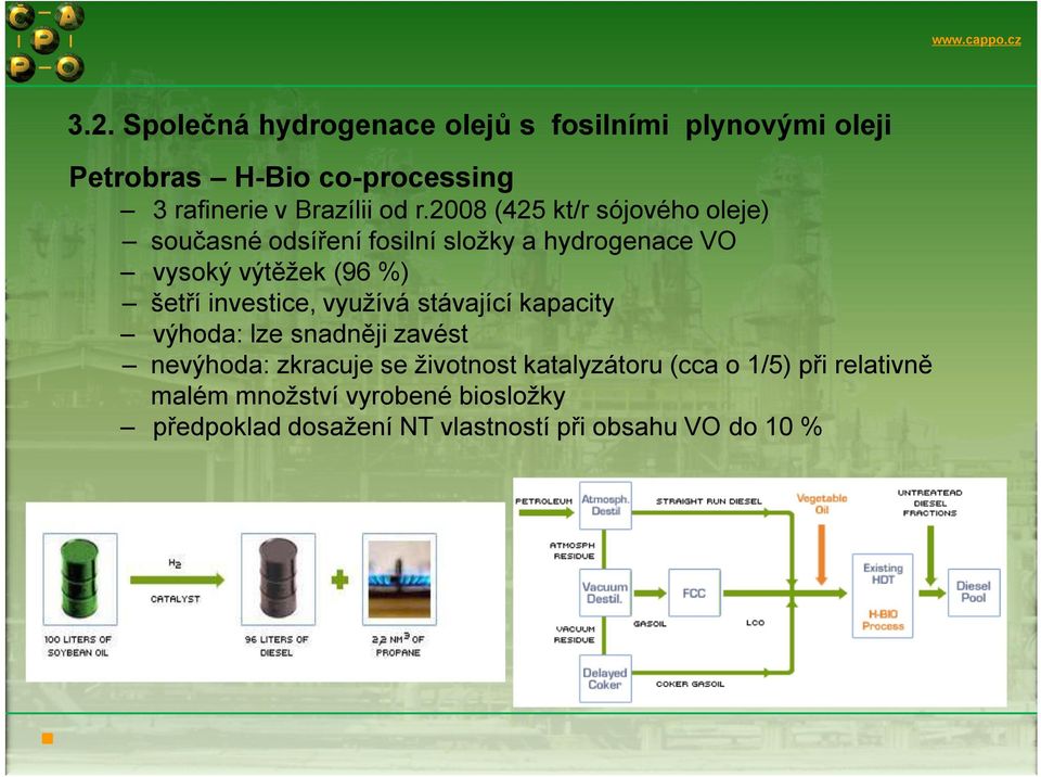 investice, využívá stávající kapacity výhoda: lze snadněji zavést nevýhoda: zkracuje se životnost katalyzátoru