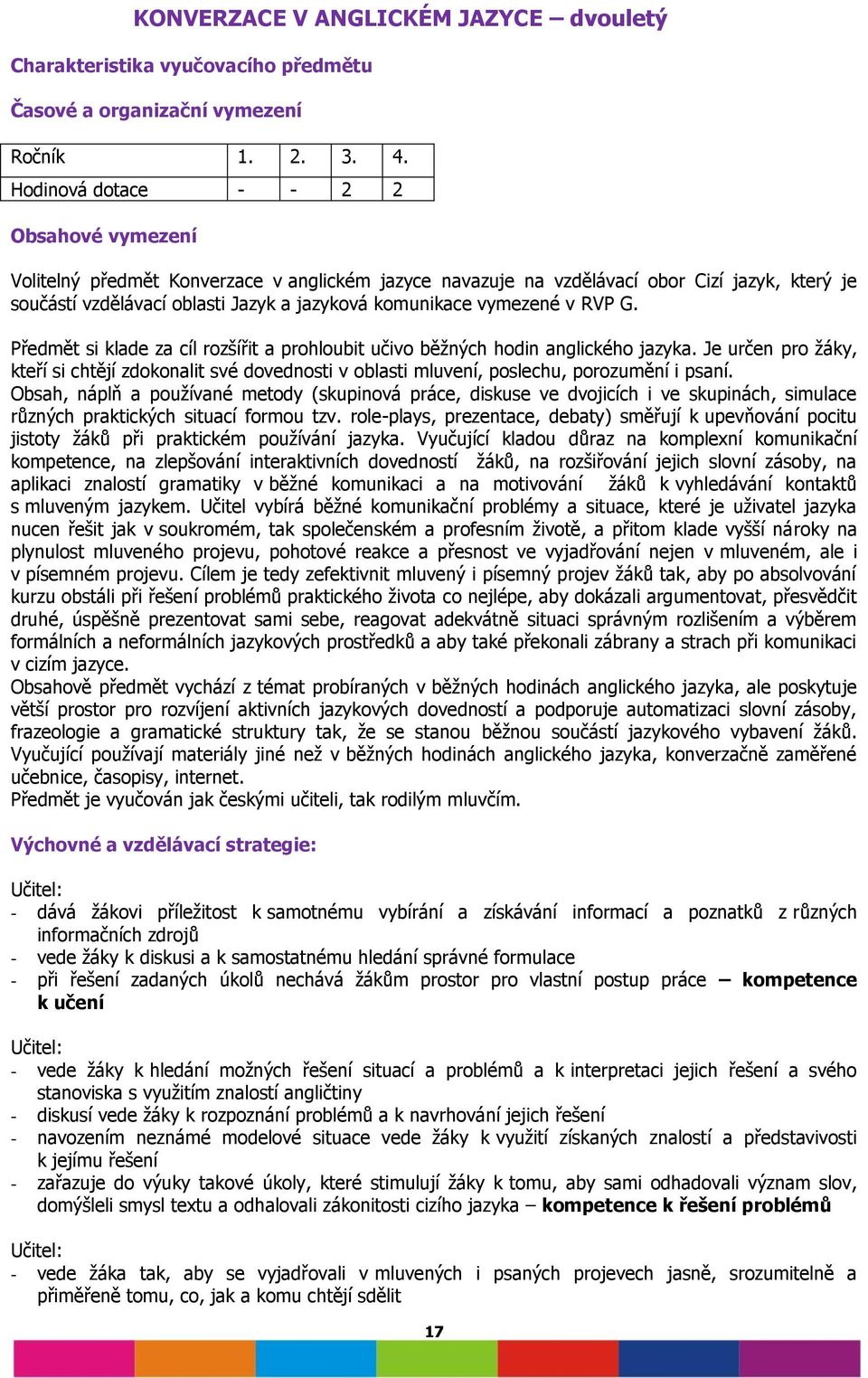 vymezené v RVP G. Předmět si klade za cíl rozšířit a prohloubit učivo běžných hodin anglického jazyka.