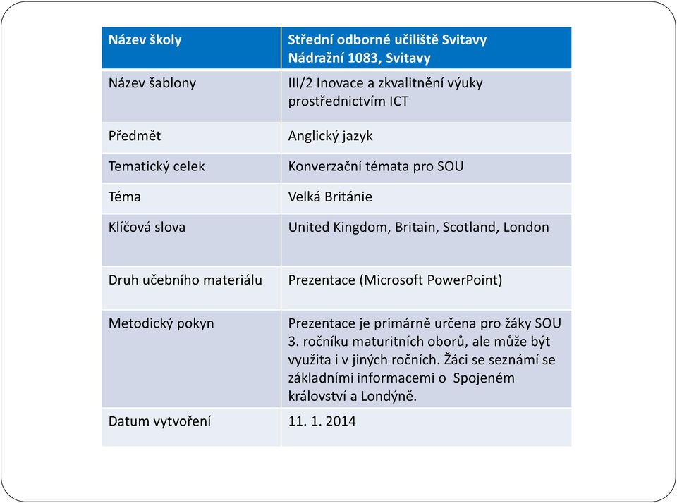 učebního materiálu Prezentace (Microsoft PowerPoint) Metodický pokyn Datum vytvoření 11. 1. 2014 Prezentace je primárně určena pro žáky SOU 3.