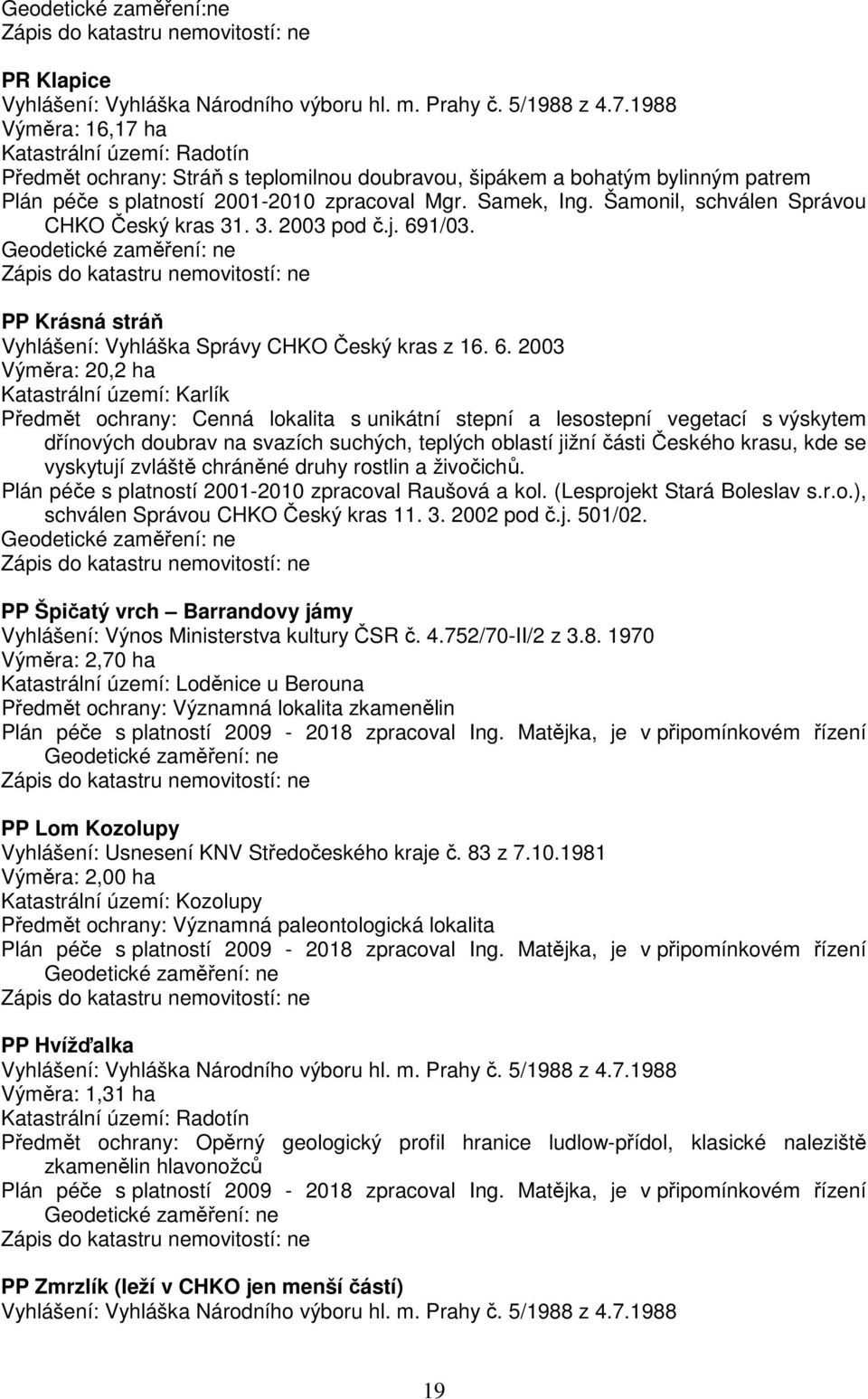 Šamonil, schválen Správou CHKO Český kras 31. 3. 2003 pod č.j. 69