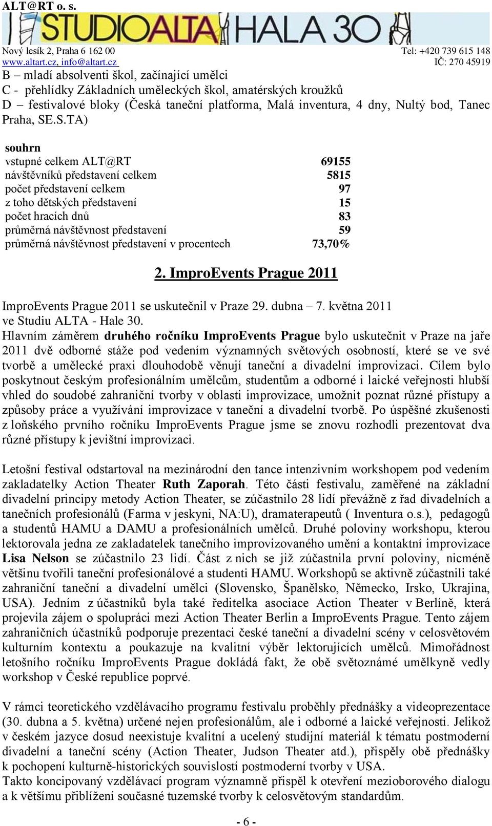 průměrná návštěvnost představení v procentech 73,70% 2. ImproEvents Prague 2011 ImproEvents Prague 2011 se uskutečnil v Praze 29. dubna 7. května 2011 ve Studiu ALTA - Hale 30.