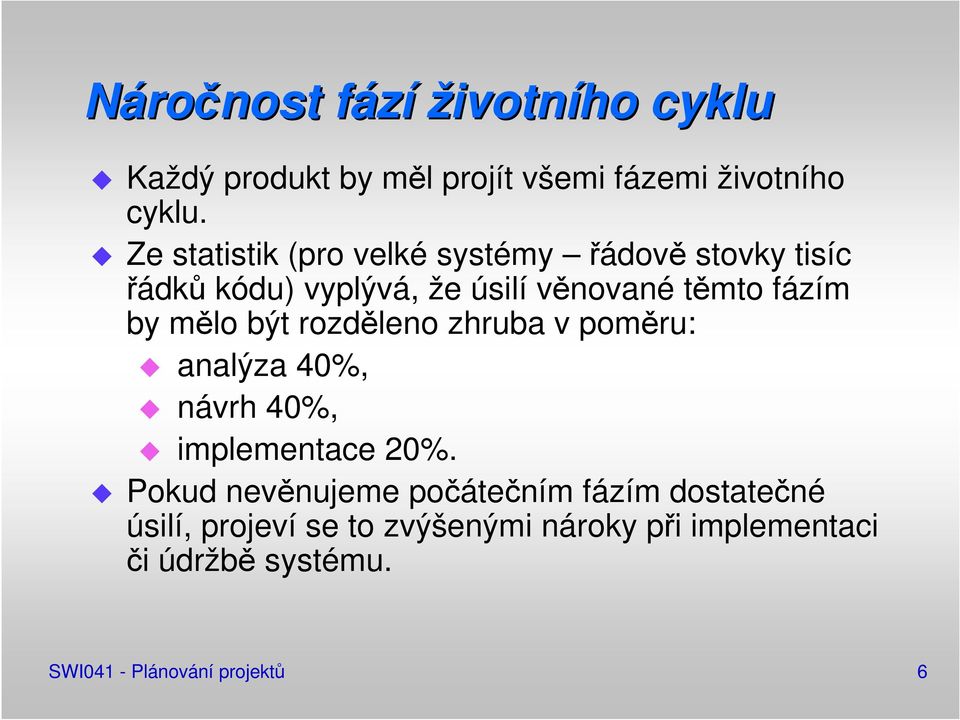 mělo být rozděleno zhruba v poměru: analýza 40%, návrh 40%, implementace 20%.