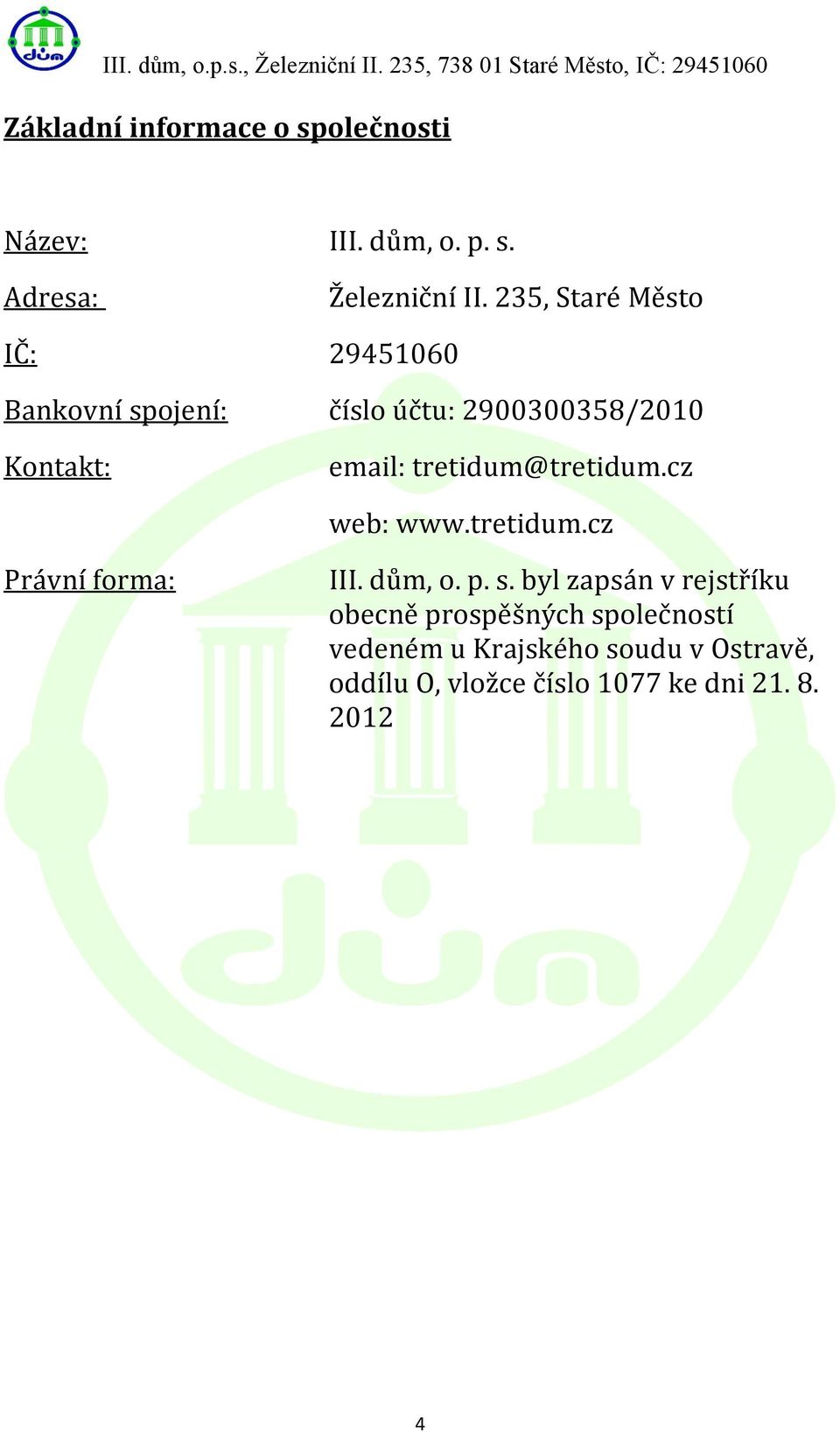 tretidum@tretidum.cz web: www.tretidum.cz Právní forma: III. dům, o. p. s.