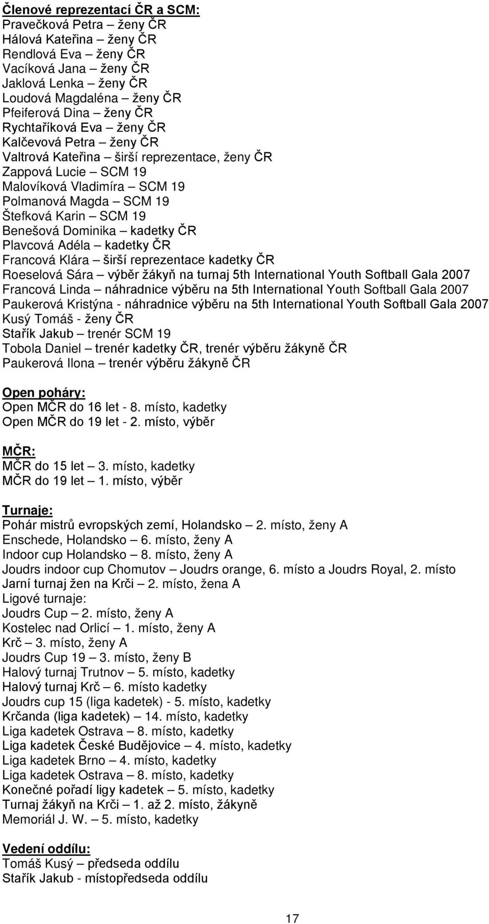 Dominika kadetky ČR Plavcová Adéla kadetky ČR Francová Klára širší reprezentace kadetky ČR Roeselová Sára výběr žákyň na turnaj 5th International Youth Softball Gala 2007 Francová Linda náhradnice