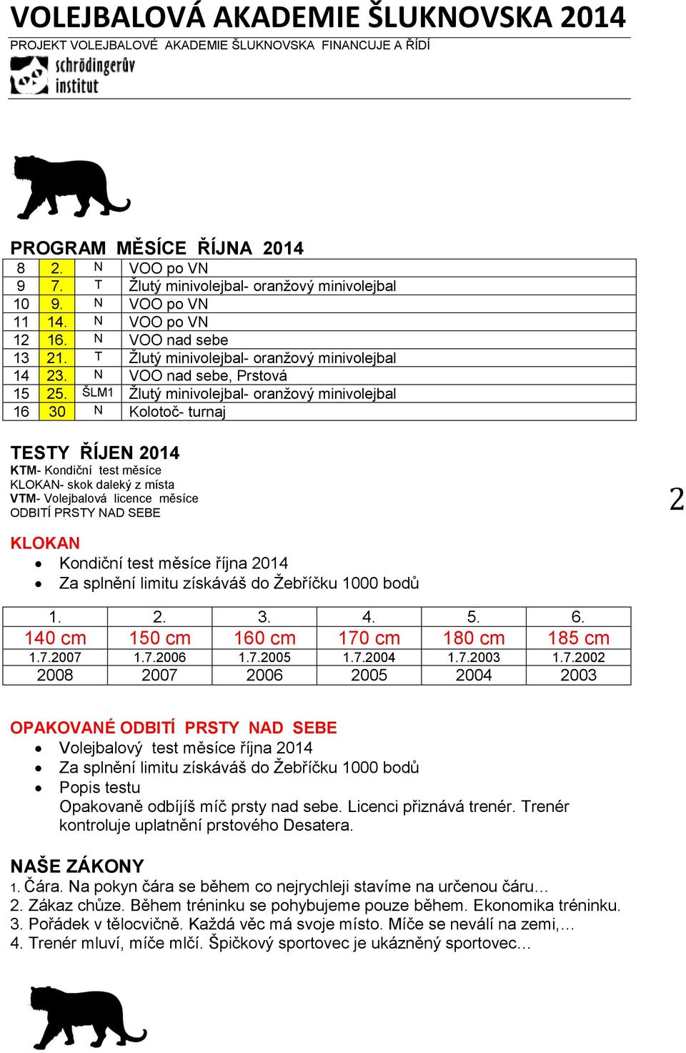 ŠLM1 Žlutý minivolejbal- oranžový minivolejbal 16 30 N Kolotoč- turnaj TESTY ŘÍJEN 2014 KTM- Kondiční test měsíce KLOKAN- skok daleký z místa VTM- Volejbalová licence měsíce ODBITÍ PRSTY NAD SEBE 2