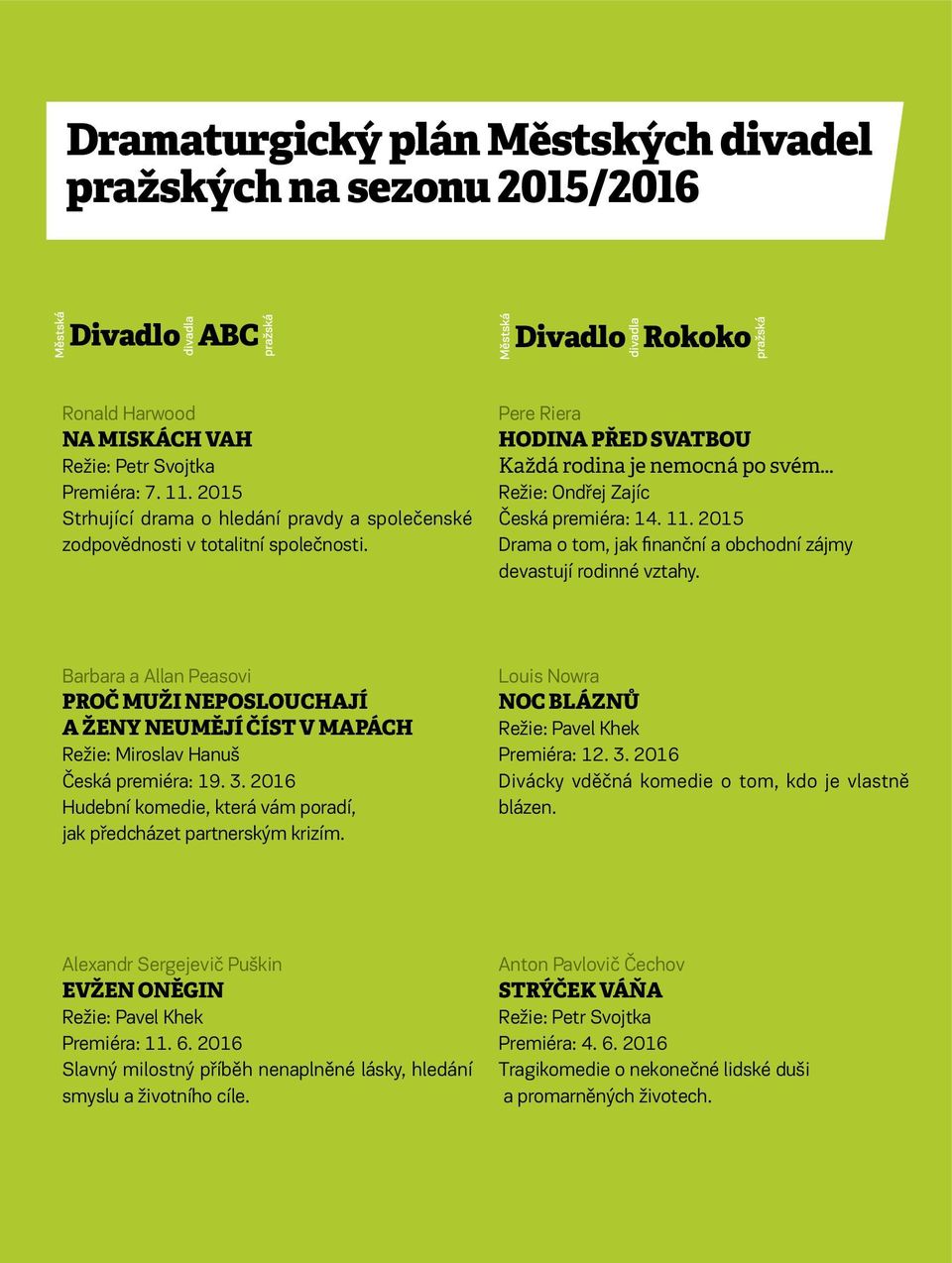 2015 Drama o tom, jak finanční a obchodní zájmy devastují rodinné vztahy. Barbara a Allan Peasovi PROČ MUŽI NEPOSLOUCHAJÍ A ŽENY NEUMĚJÍ ČÍST V MAPÁCH Režie: Miroslav Hanuš Česká premiéra: 19. 3.