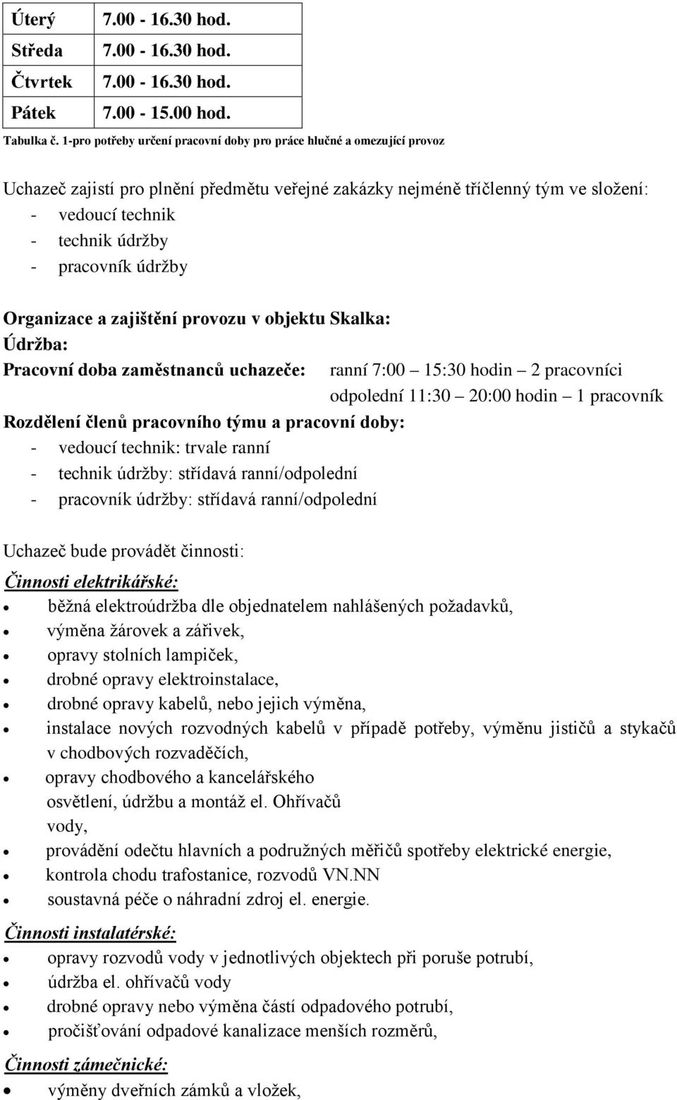 pracovník údržby Organizace a zajištění provozu v objektu Skalka: Údržba: Pracovní doba zaměstnanců uchazeče: Rozdělení členů pracovního týmu a pracovní doby: - vedoucí technik: trvale ranní -