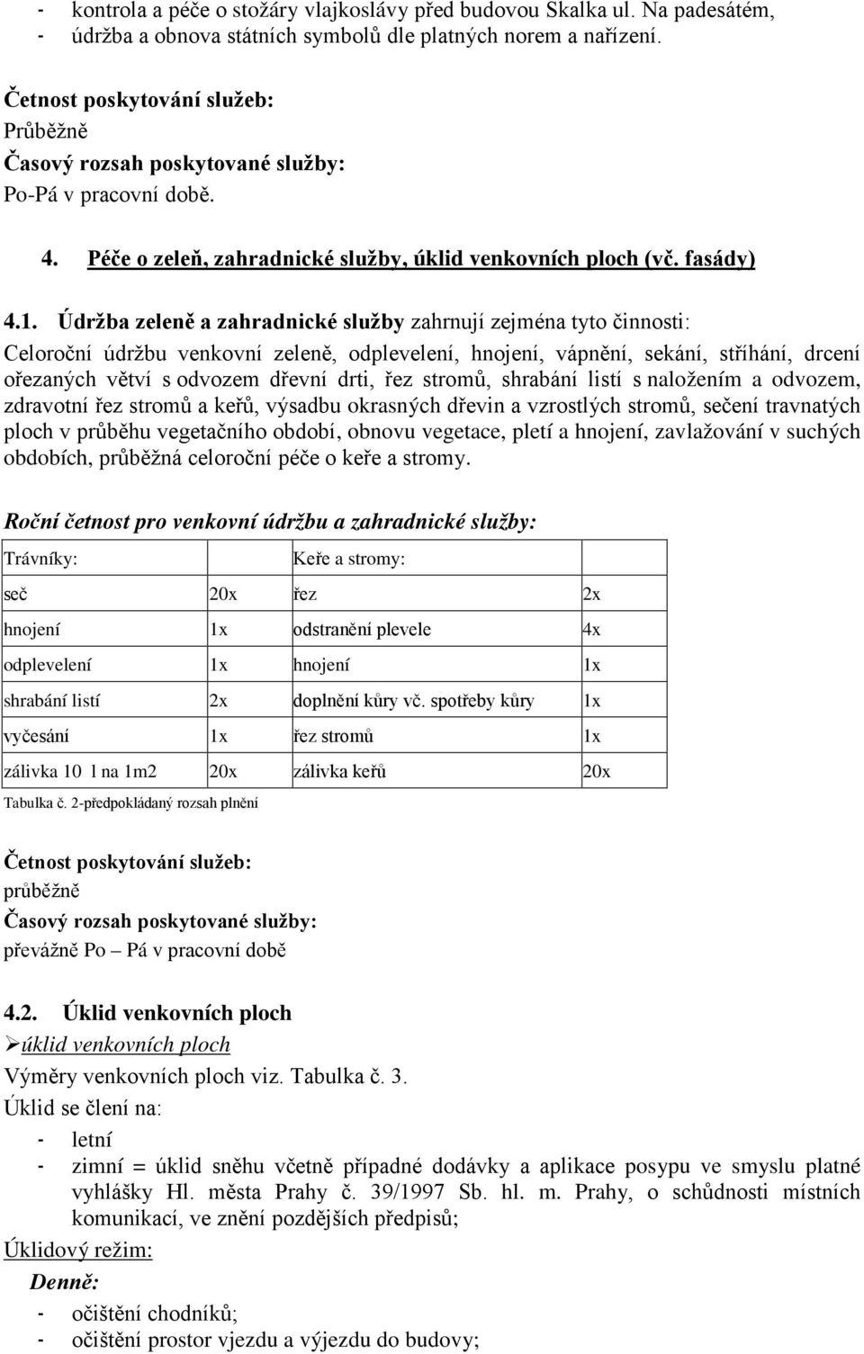 Údržba zeleně a zahradnické služby zahrnují zejména tyto činnosti: Celoroční údržbu venkovní zeleně, odplevelení, hnojení, vápnění, sekání, stříhání, drcení ořezaných větví s odvozem dřevní drti, řez