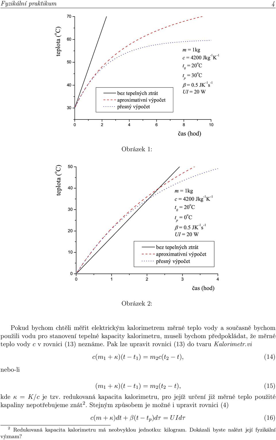 5 JK -1 s -1 UI = 2 W bez tepelných ztrát aproximativní výpo et p esný výpo et 1 2 3 4 Obrázek 2: as (hod) Pokud bychom chtěli měřit elektrickým kalorimetrem měrné teplo vody a současně bychom