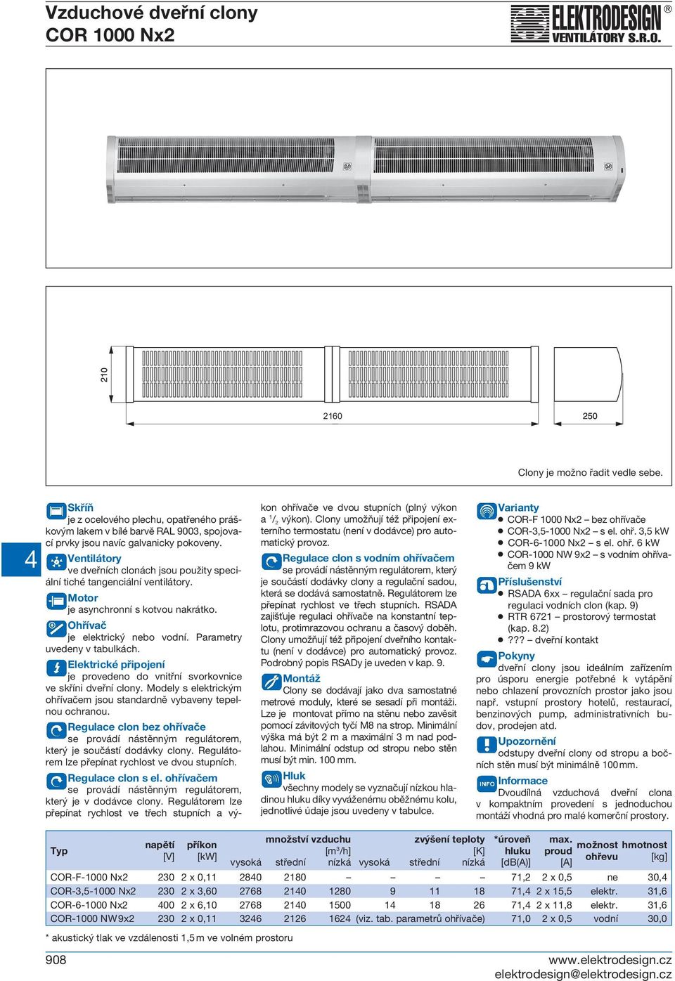 Elektrické připojení je provedeno do vnitřní svorkovnice ve skříni dveřní clony. Modely s elektrickým ohřívačem jsou standardně vybaveny tepelnou ochranou.