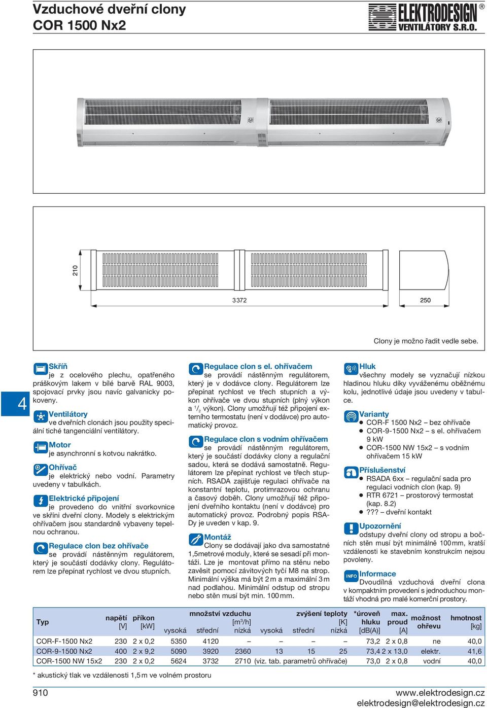 Elektrické připojení je provedeno do vnitřní svorkovnice ve skříni dveřní clony. Modely s elektrickým ohřívačem jsou standardně vybaveny tepelnou ochranou.