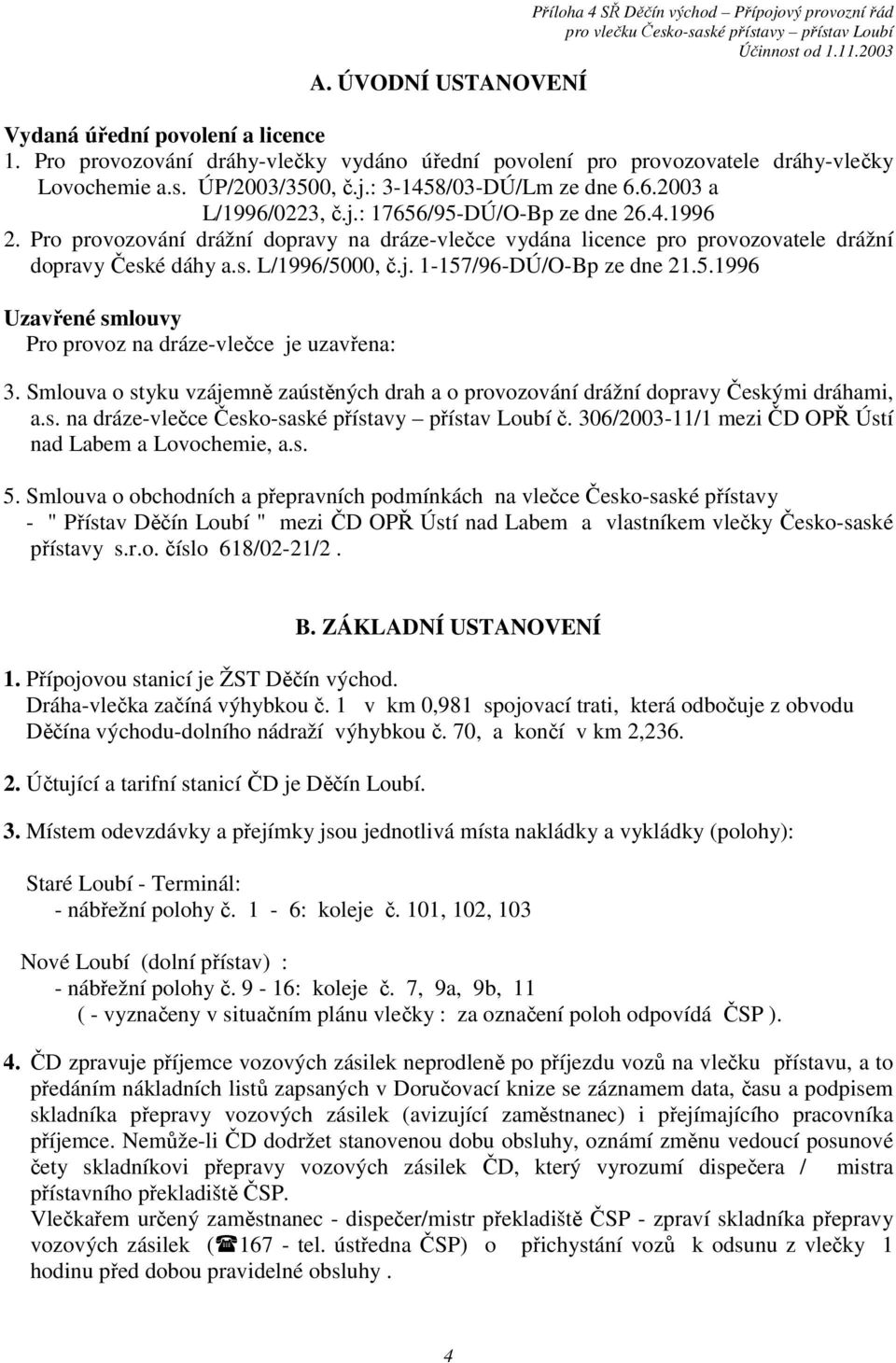 4.1996 2. Pro provozování drážní dopravy na dráze-vlečce vydána licence pro provozovatele drážní dopravy České dáhy a.s. L/1996/5000, č.j. 1-157/96-DÚ/O-Bp ze dne 21.5.1996 Uzavřené smlouvy Pro provoz na dráze-vlečce je uzavřena: 3.