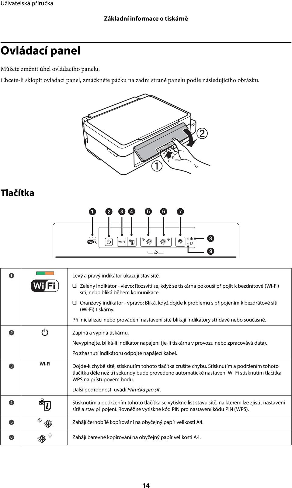 Oranžový indikátor - vpravo: Bliká, když dojde k problému s připojením k bezdrátové síti (Wi-Fi) tiskárny. Při inicializaci nebo provádění nastavení sítě blikají indikátory střídavě nebo současně.
