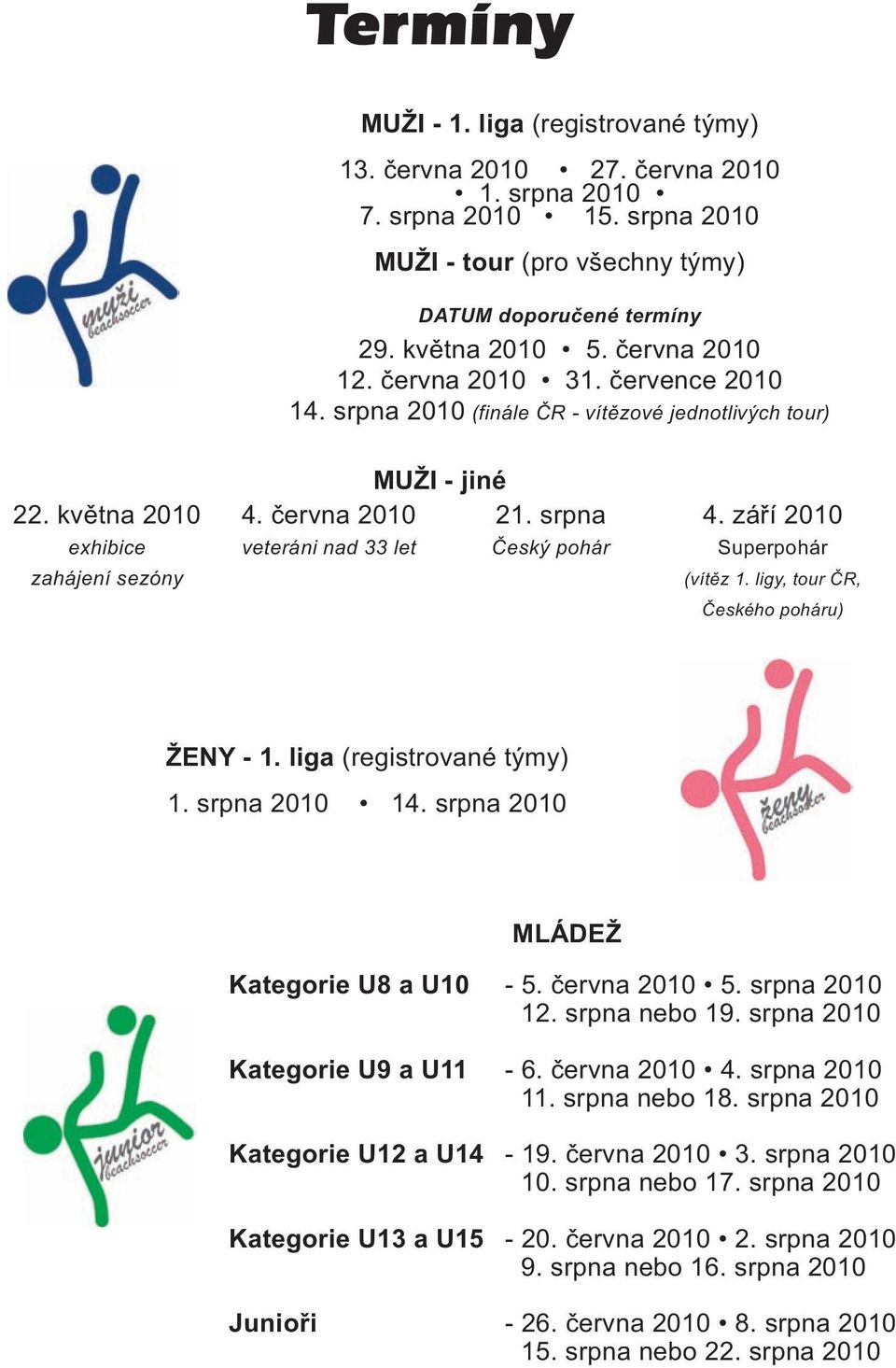 srpna Český pohár 4. září 2010 Superpohár (vítěz 1. ligy, tour ČR, Českého poháru) ŽENY - 1. liga (registrované týmy) 1. srpna 2010 14. srpna 2010 MLÁDEŽ Kategorie U8 a U10-5. června 2010 5.