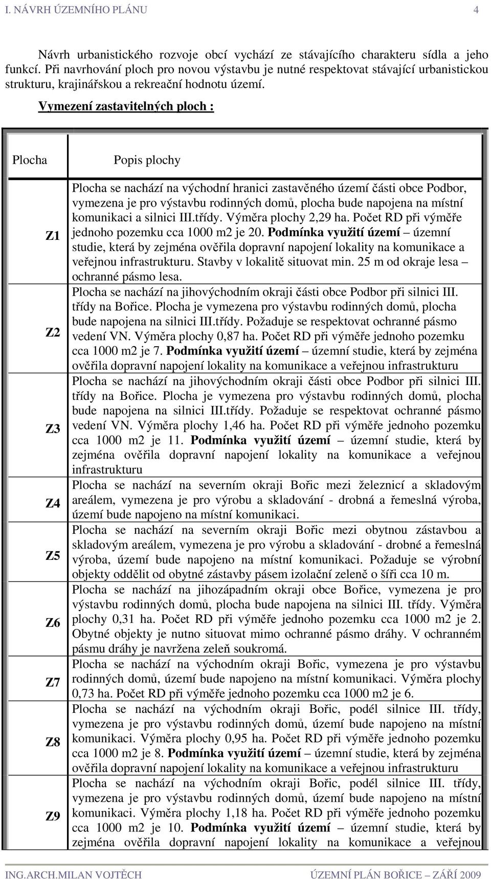 Vymezení zastavitelných ploch : Plocha Z1 Z2 Z3 Z4 Z5 Z6 Z7 Z8 Z9 Popis plochy Plocha se nachází na východní hranici zastavěného území části obce Podbor, vymezena je pro výstavbu rodinných domů,