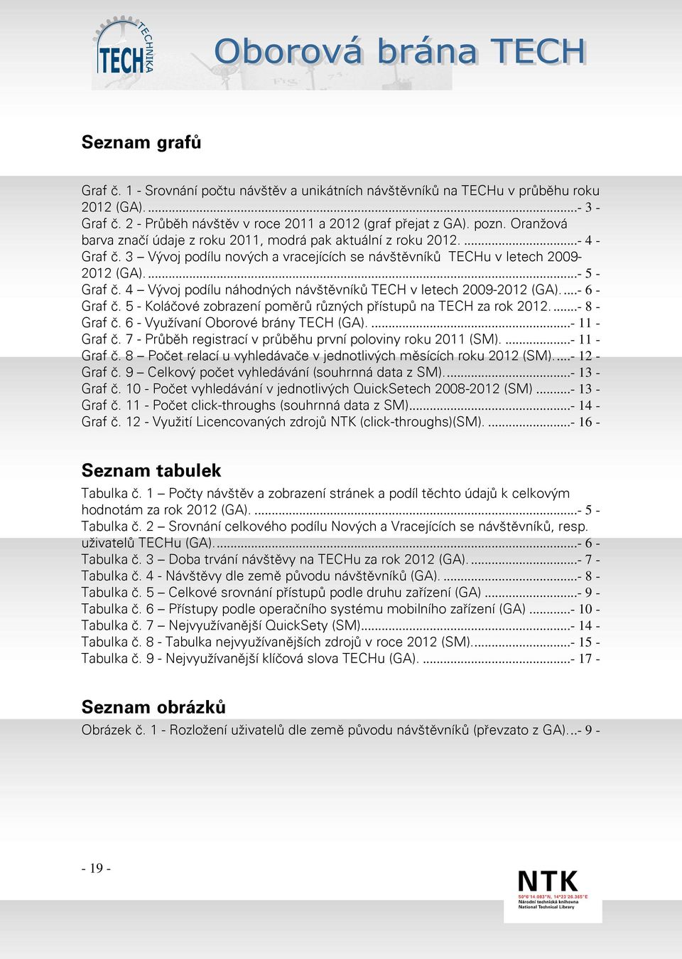 4 Vývoj podílu náhodných návštěvníků TECH v letech 2009-2012 (GA)....- 6 - Graf č. 5 - Koláčové zobrazení poměrů různých přístupů na TECH za rok 2012....- 8 - Graf č.