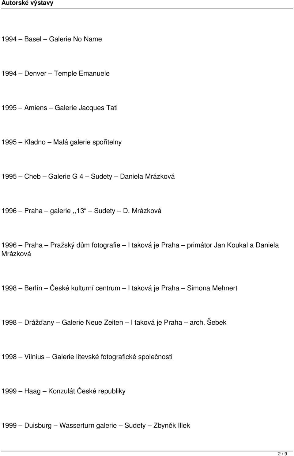 Mrázková 1996 Praha Pražský dům fotografie I taková je Praha primátor Jan Koukal a Daniela Mrázková 1998 Berlín České kulturní centrum I taková