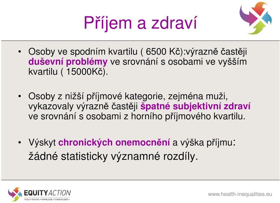 Osoby z nižší příjmové kategorie, zejména muži, vykazovaly výrazně častěji špatné subjektivní