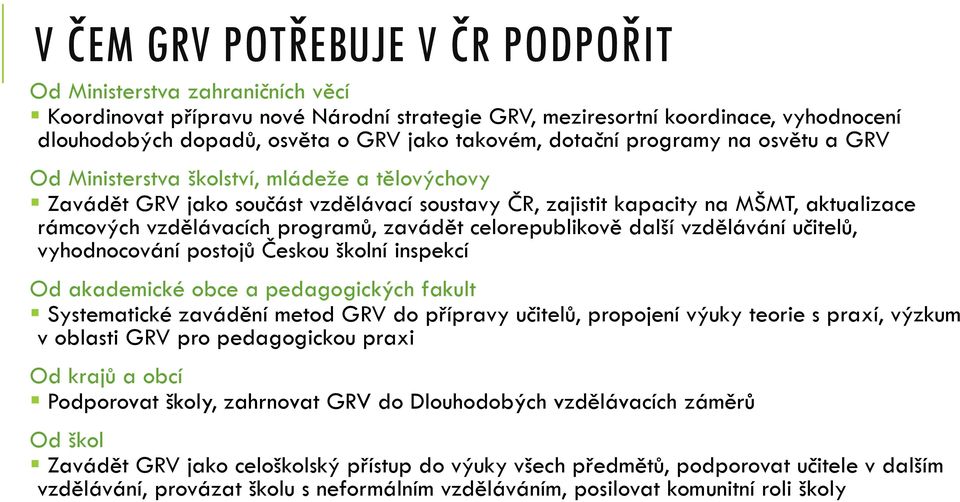 vzdělávacích programů, zavádět celorepublikově další vzdělávání učitelů, vyhodnocování postojů Českou školní inspekcí Od akademické obce a pedagogických fakult Systematické zavádění metod GRV do