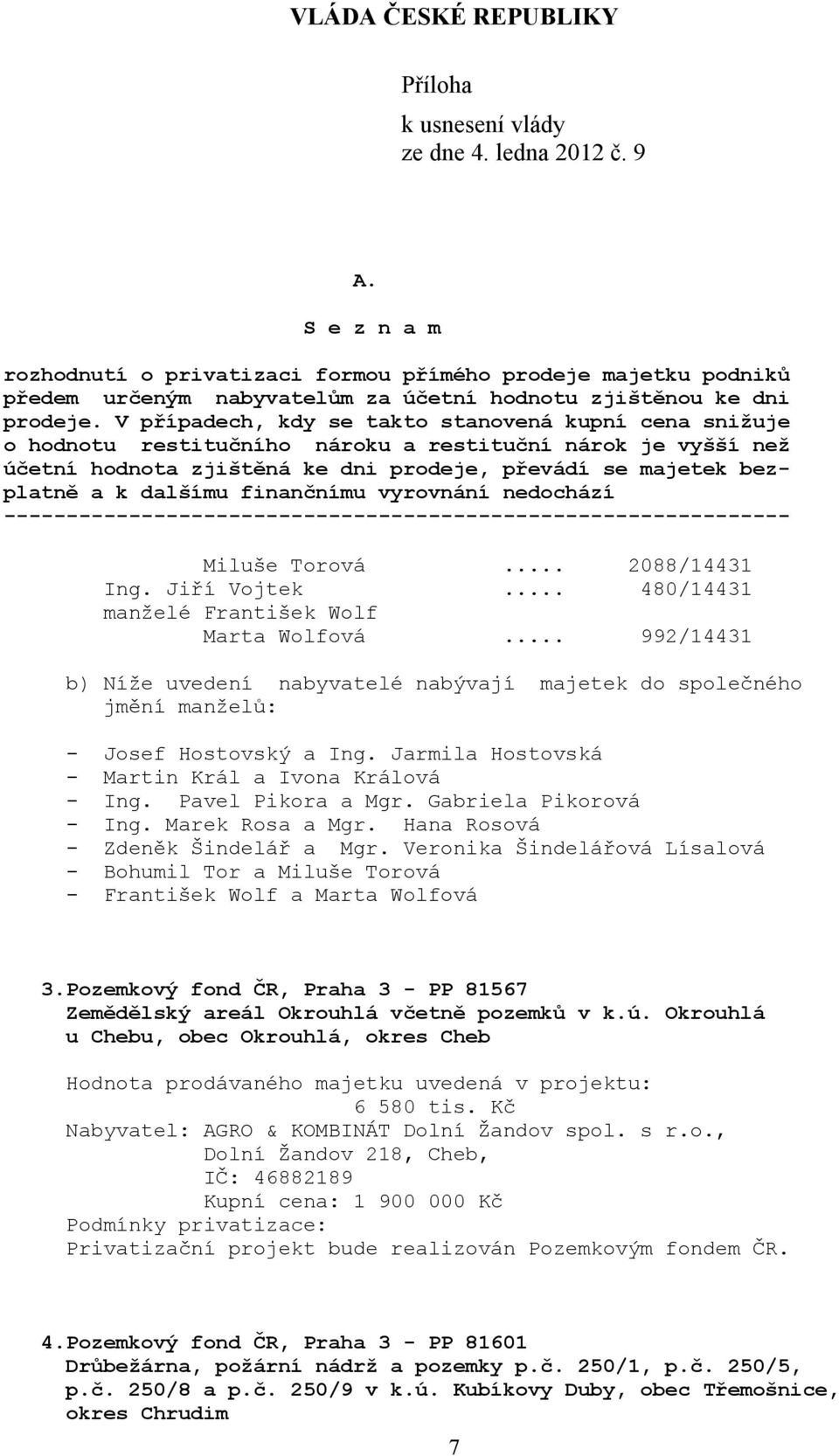 Gabriela Pikorová - Ing. Marek Rosa a Mgr. Hana Rosová - Zdeněk Šindelář a Mgr. Veronika Šindelářová Lísalová - Bohumil Tor a Miluše Torová - František Wolf a Marta Wolfová 3.